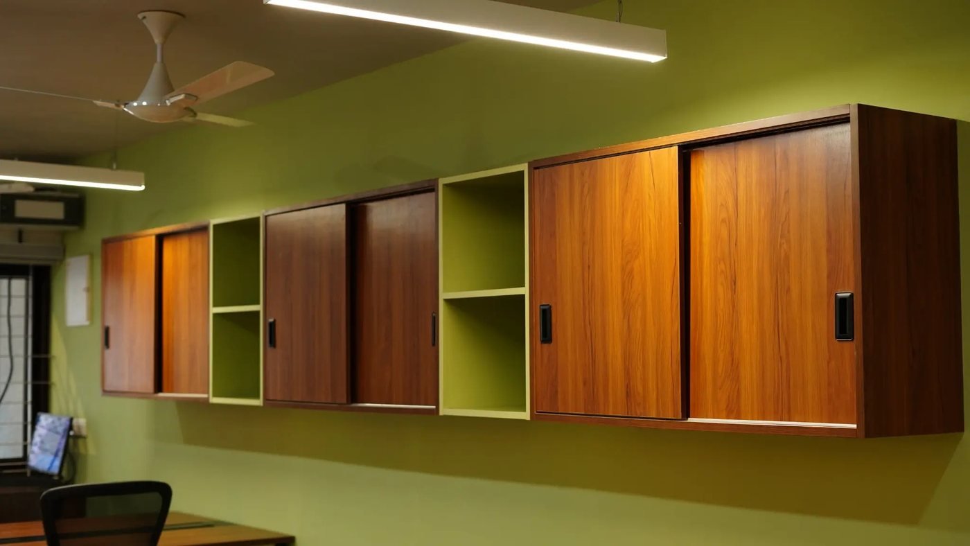 Wall storage in two wood tones