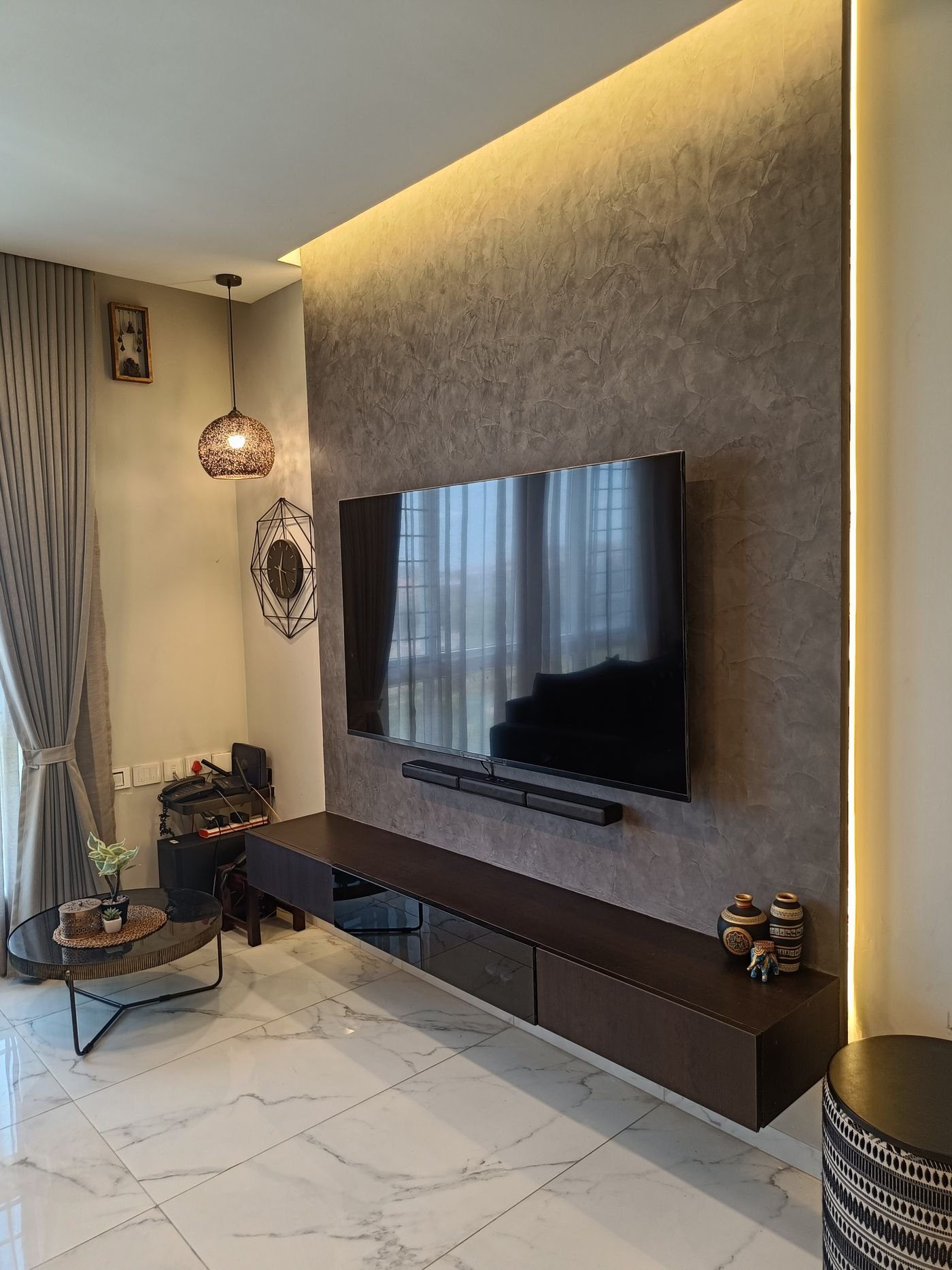 Chennai apartment living room with blue sofa