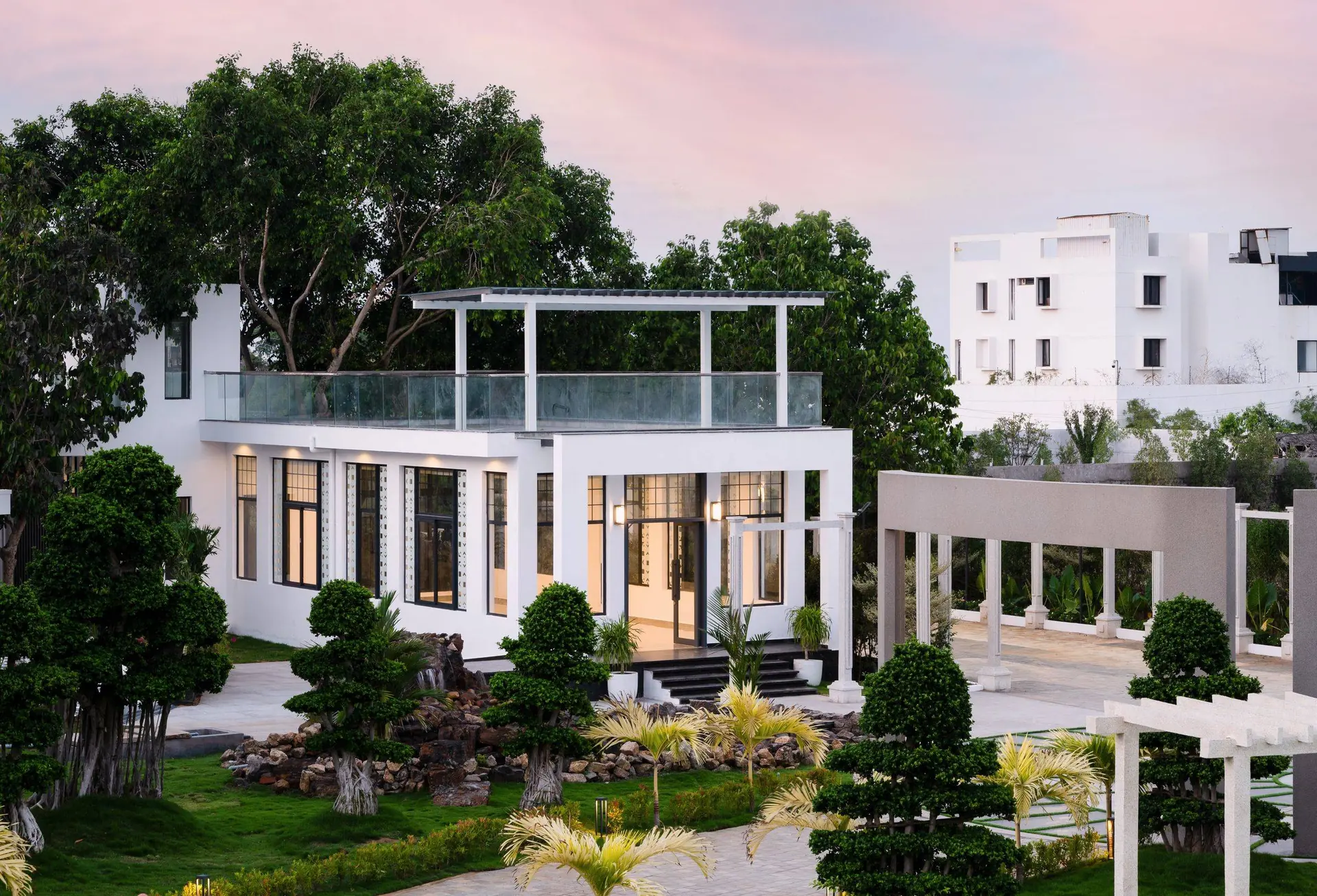 Ritam banquet hall exterior at dusk