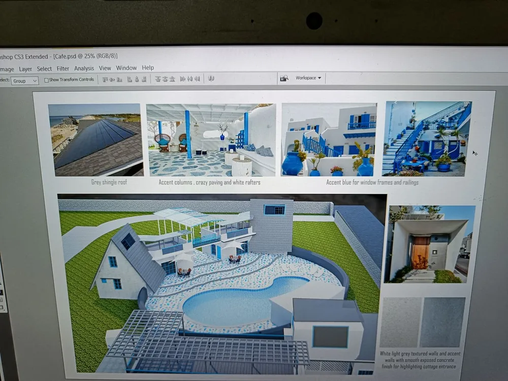 Concept board with 3D views of the cottages and pool